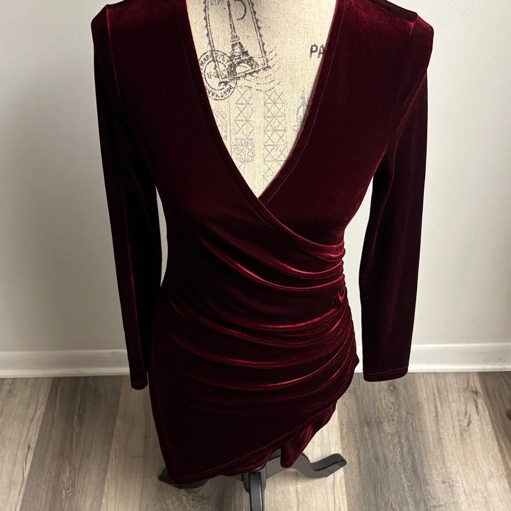 NWOT Burgundy Velvet Long Sleeve Dress - Picture 4 of 16